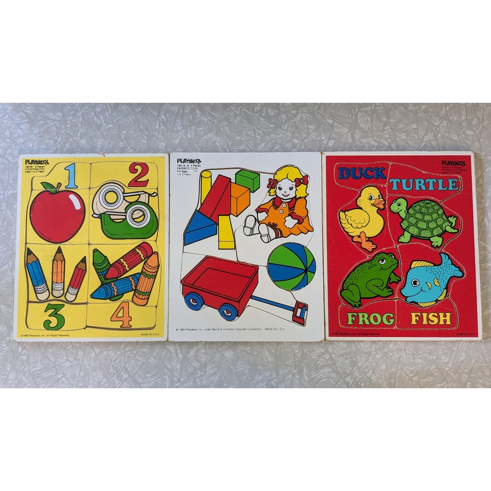 Vintage Playskool Wood Tray Puzzle Lot 1980s Counting Animals Toys‎ Set of 3